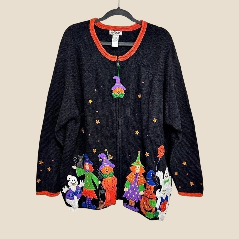 VTG 90s Tiara International Halloween Embroidered Sweater Cardigan Size 26/28